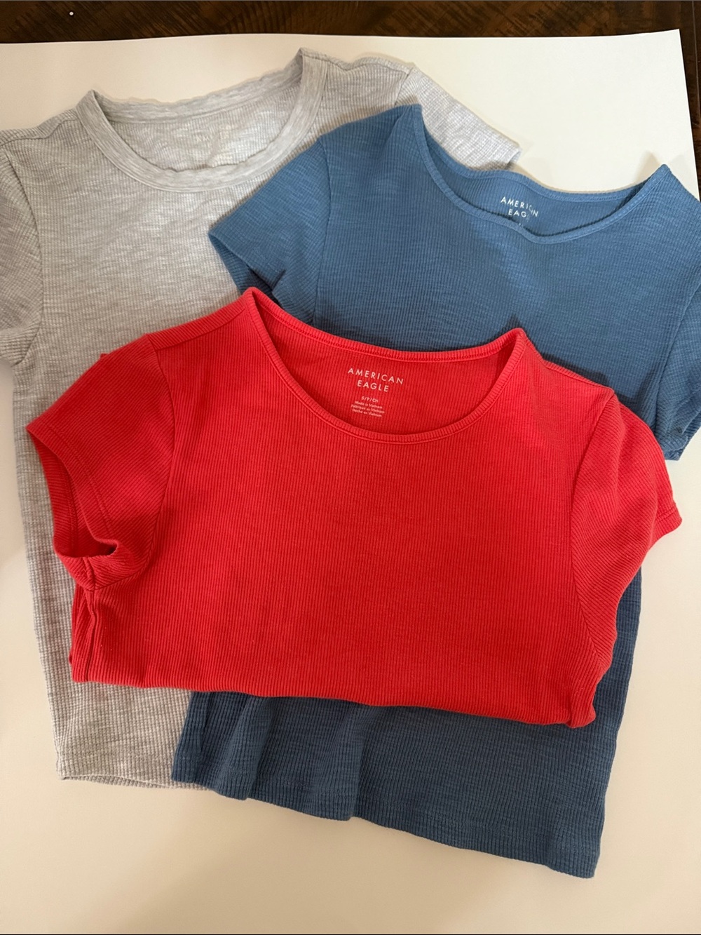 THREE American Eagle Outfitters Ribbed Tees - Red, Blue, Light Gray